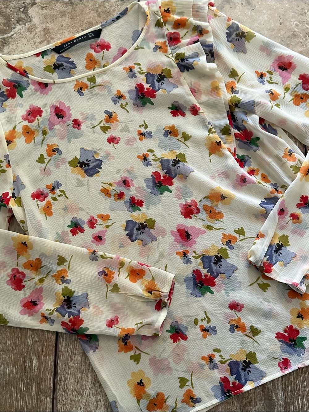 Zara Cream Floral Long-Sleeve Blouse with Multi-Colored Blooms, Size Medium
